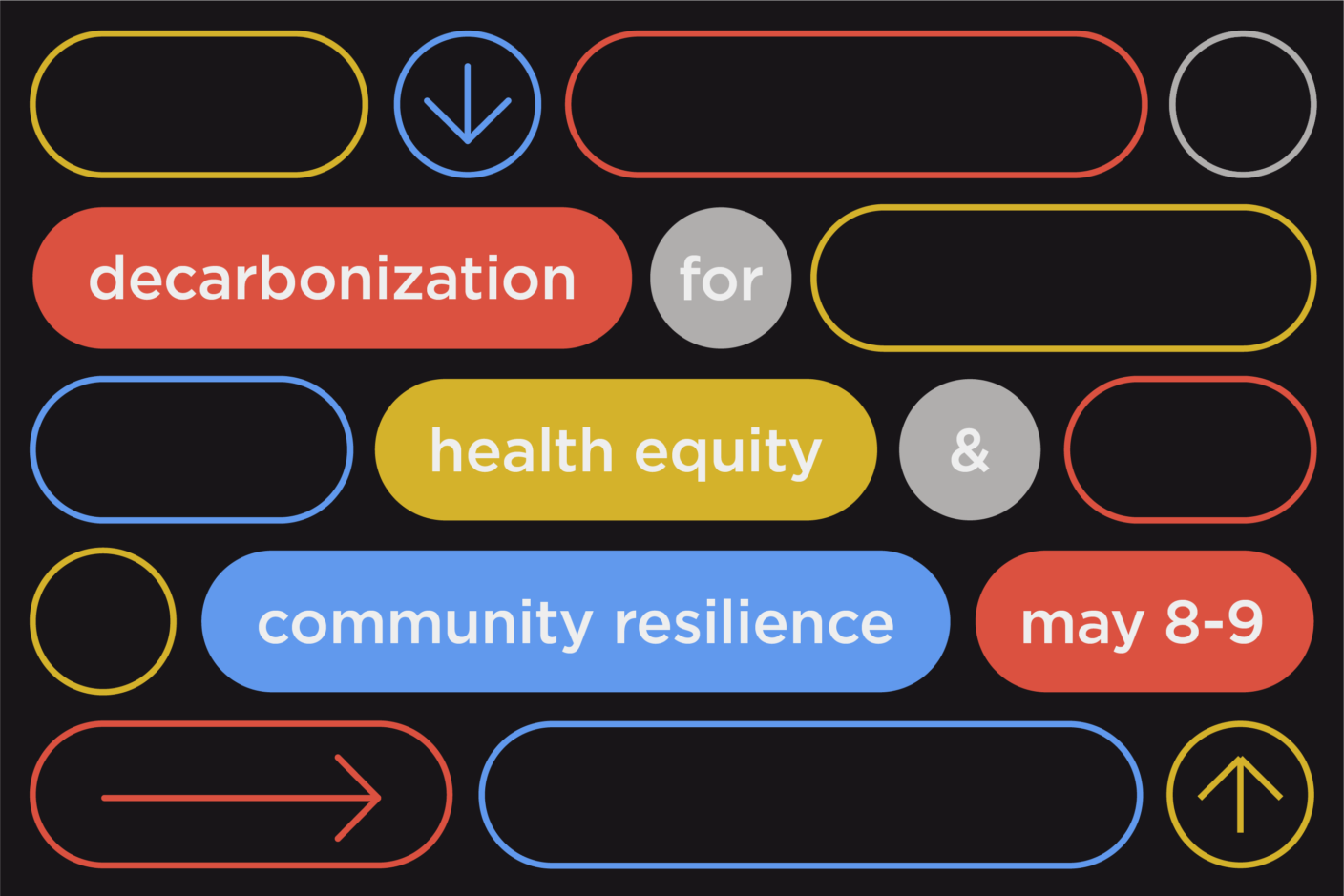 Black background with red, yellow, and blue graphics. The graphics are a series of oblong ovals similar to a web button. The text is inlaid into the buttons, reading, "decarbonization for health equity & community resilience. May 8-9"