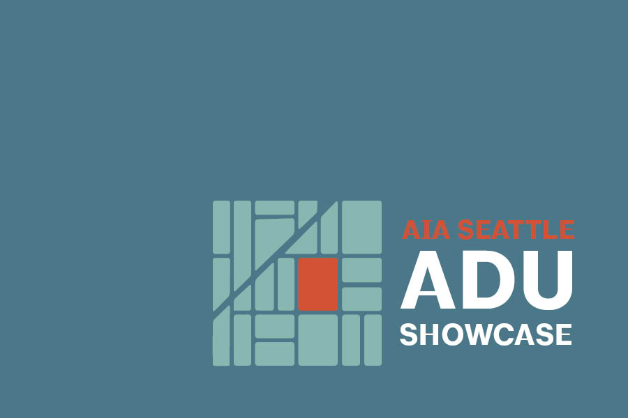 A dark blue background with a graphic of a map and a red square representing a small unit on a property. The text reads "AIA Seattle ADU Showcase"