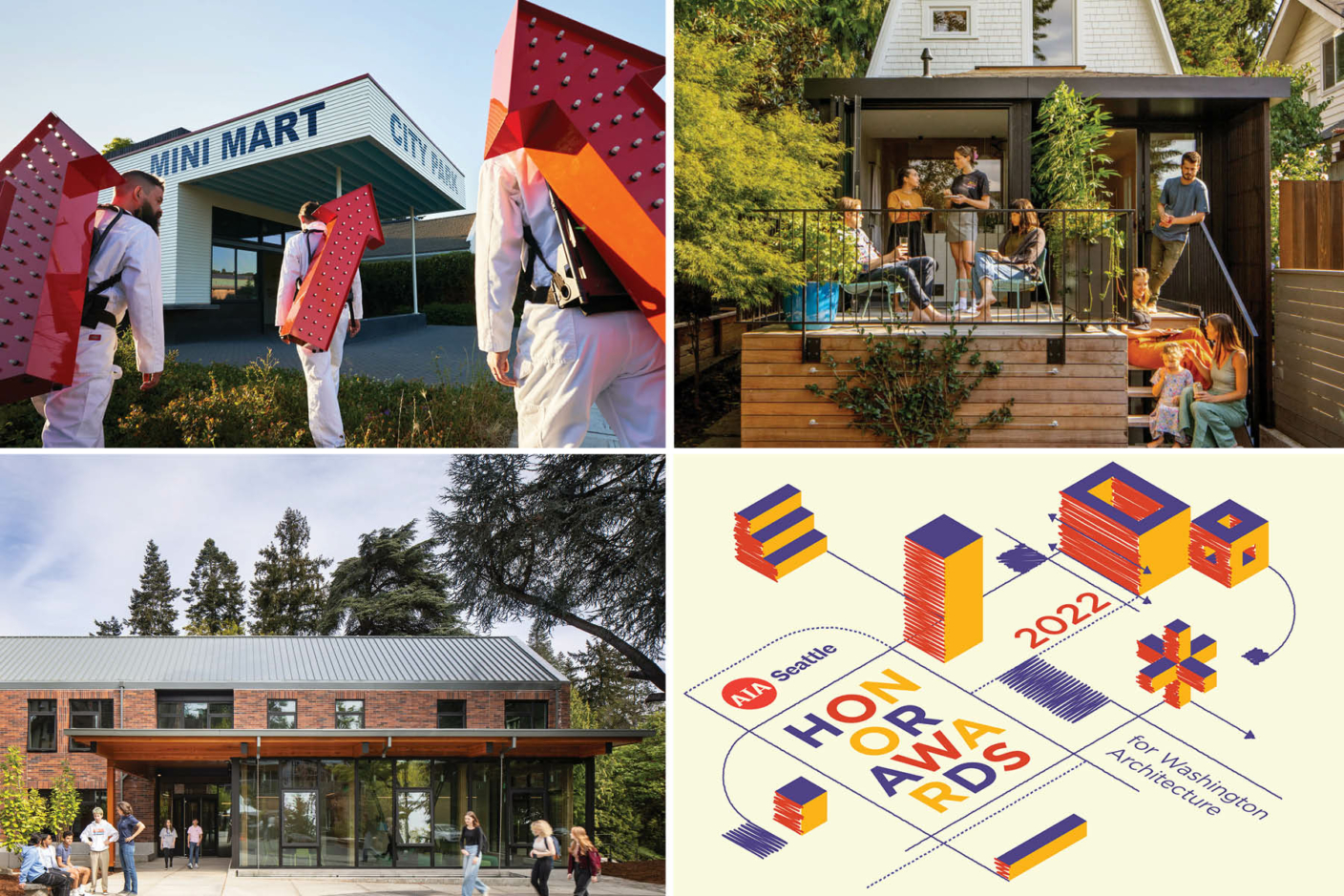 Collage featuring the 2022 Honor Award winners from AIA Seattle, showcasing a collection of architectural projects. The image includes a variety of designs, each represented by a small photograph or rendering, highlighting diverse styles and innovative features. The collage is arranged in a grid format, celebrating the creativity and excellence in architecture recognized by the awards.