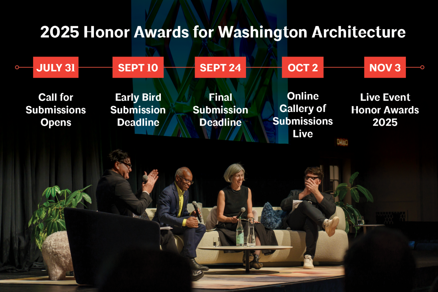 An image of a panel with the timeline for the 2025 Honor Awards for Washington Architecture above it.