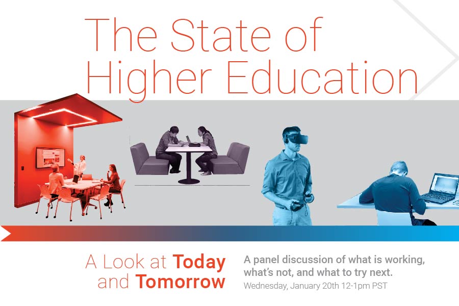White background, with red-to-blue gradient image of small group, duo, and independent education images with VR and computers. Text: The State of Higher Education; A look at Today and Tomorrow; A panel discussion of what is working, what's not, and what to try next. Wednesday, January 20th, 12-1pm PST