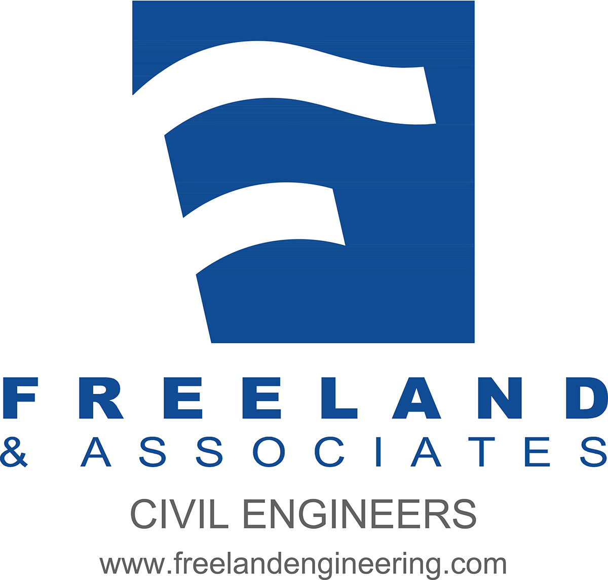blue and black text on white background, with flag-like "F" logo: Freeland & Associates Civil Engineers; www.freelandengineering.com