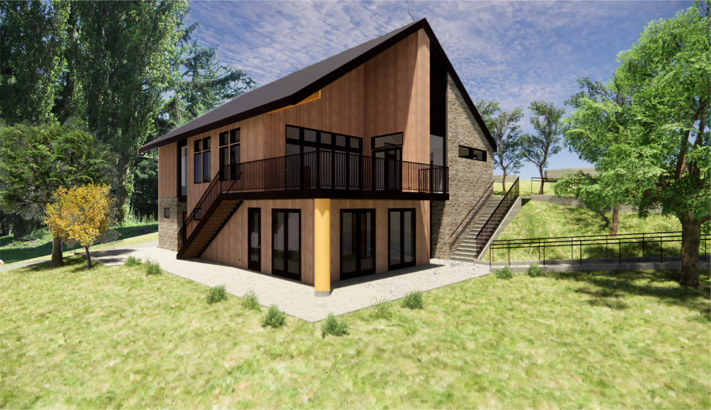 Rendering of two-story wood building with wraparound second-floor porch and pitched roof, on a hill