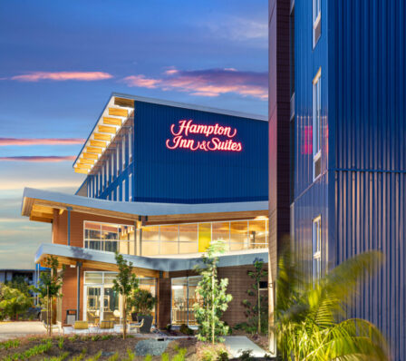 Hampton Inn & Suites by Hilton San Diego Airport Liberty Station entry at dusk