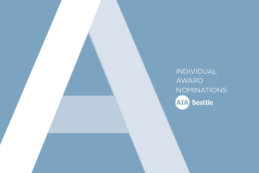 White 'A' on light-blue background. Text at right reads: Individual Award Nominations, AIA Seattle stylized logo